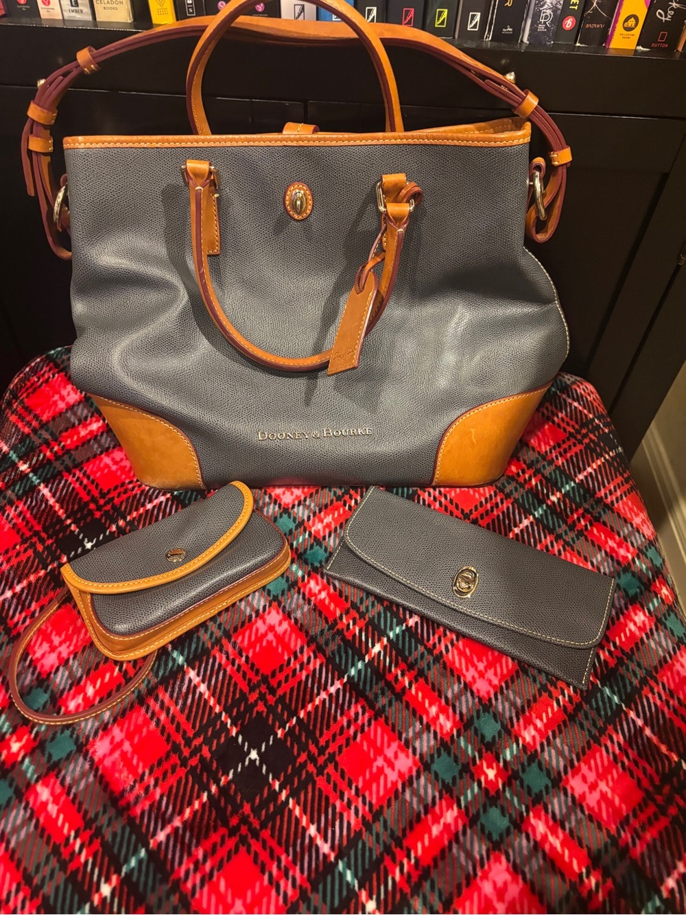 Dooney & Bourke Gray Tote with Tan Leather Trim and Matching Wallets